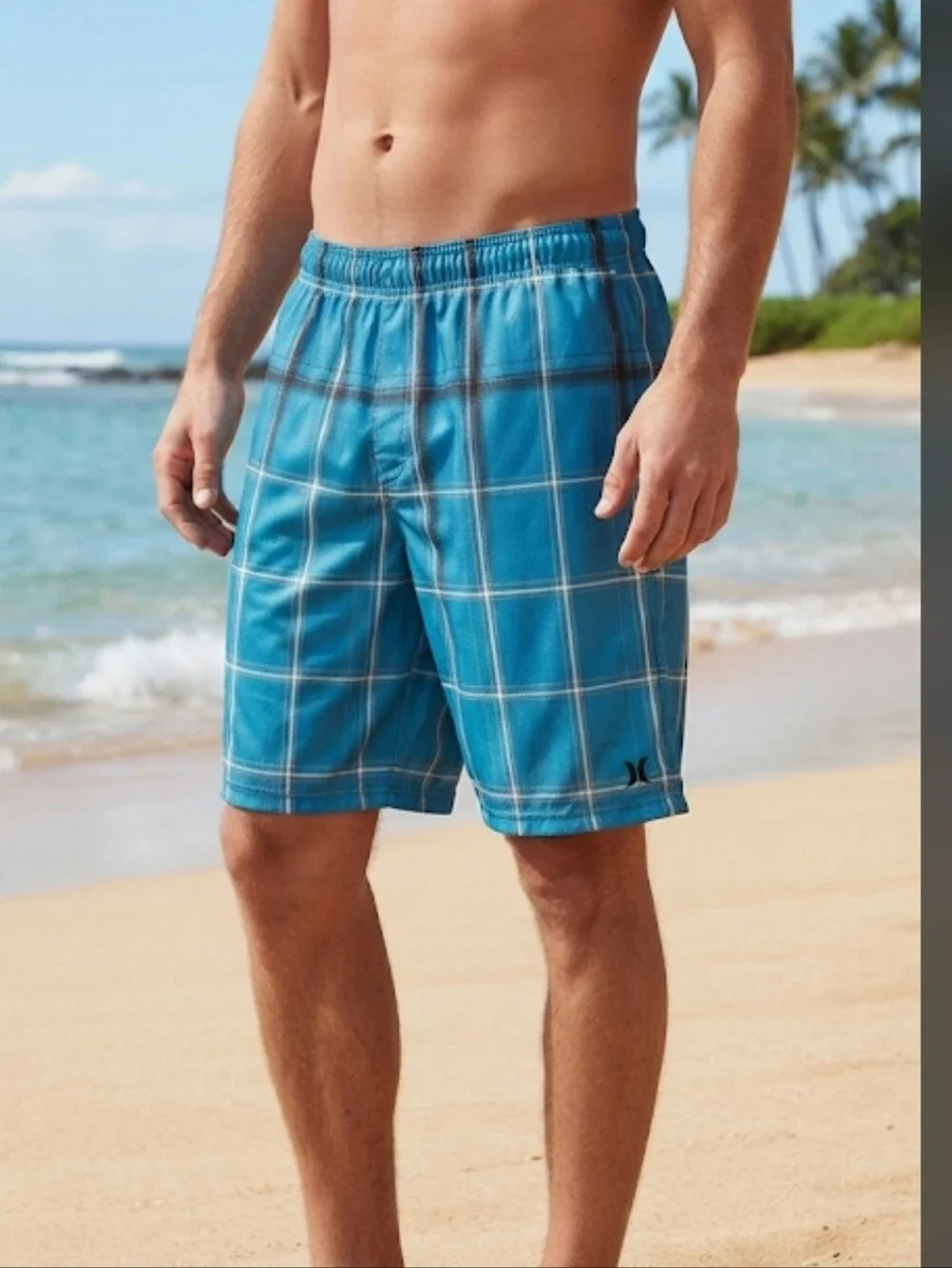 Men's Hurley Blue, Black, White, Plaid  Mesh Lined Board Shorts Size Small